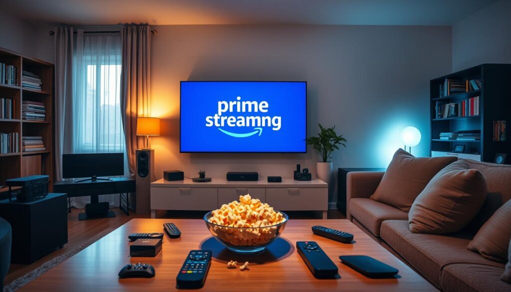 A sleek, modern living room setup showcasing a large flat-screen TV displaying the "Prime Streaming" logo, surrounded by various streaming devices and a cozy sofa. In the foreground, a stylish coffee table cluttered with remote controls and a bowl of popcorn. The middle section features warm, ambient lighting casting a relaxed atmosphere, with soft pillows and a decorative plant. In the background, a bookshelf with neatly arranged entertainment media and a window with soft curtains letting in natural light, suggesting a homely environment. The mood should be inviting and comforting, ideal for a family watching movies together. The image should capture a sense of convenience and all-in-one entertainment experience, without any text or watermarks.