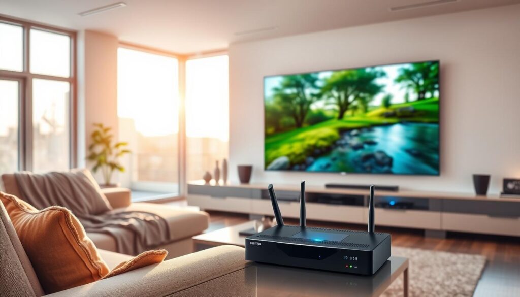 A sleek, modern living room showcasing a large, high-definition television displaying a vivid image of a nature scene, symbolizing crystal-clear IPTV streaming quality. In the foreground, a comfortable sofa with an inviting throw, and a coffee table with a remote control, evoking a cozy viewing experience. In the middle area, a set-top box with indicators of a stable connection and a Wi-Fi router with a glowing signal light, emphasizing reliability. The background features soft, warm lighting creating an intimate atmosphere, with large windows allowing natural light to stream in, showcasing a bright, serene day outside. The scene conveys a sense of comfort and enjoyment in home entertainment.