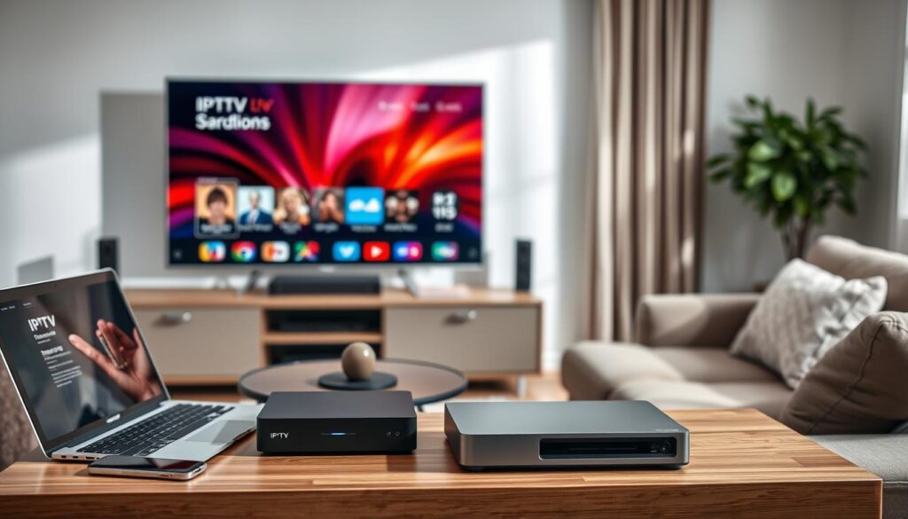 A sleek modern living room showcasing various compatible devices for IPTV installation, centrally featuring a smart TV displaying vibrant streaming content. In the foreground, a stylish media console holds a digital set-top box, a sleek remote, and a tablet. On the left side, a professional-looking laptop with an open IPTV interface is positioned on a cozy sofa, while an everyday smartphone rests nearby. The background shows a bright window with soft natural light filtering in, casting gentle shadows. Add subtle reflections on the TV screen for a polished look. Capture a warm and inviting atmosphere, evoking a sense of convenience and modern technology in a home setting, shot from an inviting angle that highlights the array of devices harmoniously.
