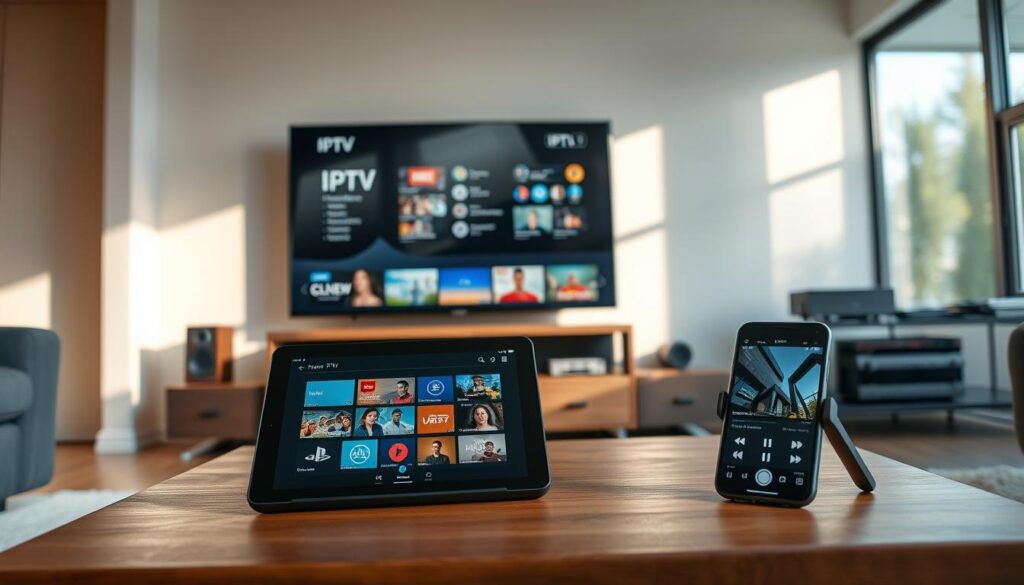 A sleek modern living room with a flat screen TV displaying IPTV content, a tablet showing various streaming apps, and a smartphone with a live stream playing, all on a wooden coffee table. In the background, a stylish entertainment center with a sound system and gaming console. Soft, warm lighting to create a cozy atmosphere, with light streaming through large windows, casting gentle shadows. The scene showcases a subtle blend of technology and comfort, emphasizing the ease of IPTV installation and usage on multiple devices. The composition captures a sense of modern convenience and relaxation, highlighting the user-friendly experience of digital streaming.