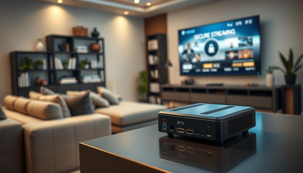 A sleek, modern living room with a focus on a high-tech IPTV streaming device placed on a stylish entertainment center. In the foreground, there is a close-up of the device, highlighting its sleek design and various connectivity ports. The middle ground features a cozy sofa and a large flat-screen TV displaying a secure streaming interface, illuminated with soft, warm lighting to create an inviting atmosphere. In the background, there are shelves with books and decorative elements, symbolizing stability and knowledge. The image should be captured with a slightly elevated angle to emphasize the device and the cozy setting, evoking a sense of security and reliability in technology.