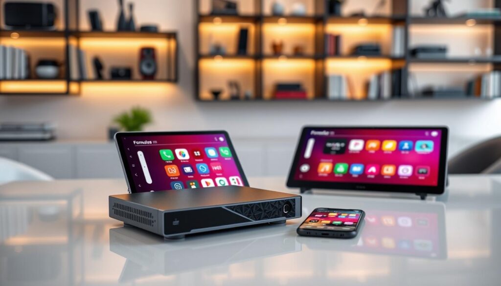 A sleek, modern workspace displaying a Formuler Z11 Pro and Z11 Pro Max IPTV devices on a polished desk. In the foreground, focus on the devices showcasing their streamlined designs, with vibrant app icons visible on their screens, illuminated by soft, warm lighting. The middle ground features a stylish tablet or smartphone, displaying the intuitive interface of various IPTV applications, suggesting ease of use and accessibility. The background includes a subtle blur of contemporary shelving adorned with tech gadgets and books, enhancing the atmosphere of innovation and modernity. The overall mood is professional and inviting, with a touch of sophistication, reminiscent of a cutting-edge home entertainment setup.