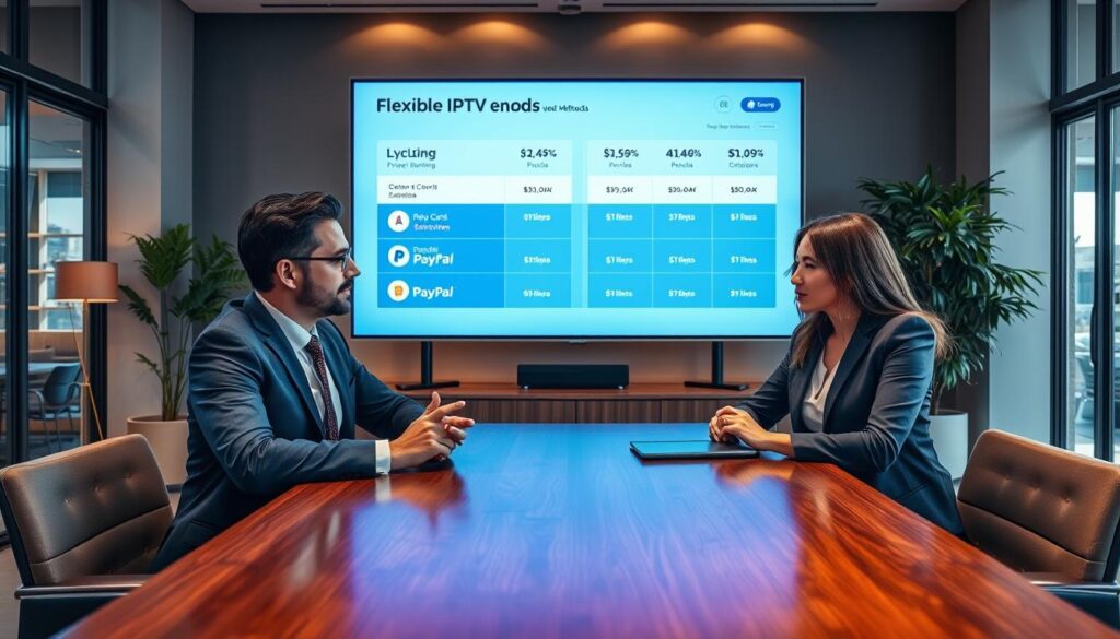A sleek, modern workspace featuring a digital screen displaying a detailed overview of IPTV pricing and flexible payment methods. In the foreground, a pair of professional business individuals, a man and a woman, are seated at a polished wooden table, engaged in discussion, both dressed in smart business attire. The middle ground showcases the digital screen, vibrant with graphs and charts illustrating the pricing structure, with symbols representing various payment methods like credit cards, PayPal, and cryptocurrency. The background reveals a stylish office environment with warm lighting, large windows allowing natural light to filter in, and some greenery to enhance the atmosphere. The overall mood should be professional and informative, conveying a sense of clarity and organized information. A sleek, modern workspace featuring a digital screen displaying a detailed overview of IPTV pricing and flexible payment methods. In the foreground, a pair of professional business individuals, a man and a woman, are seated at a polished wooden table, engaged in discussion, both dressed in smart business attire. The middle ground showcases the digital screen, vibrant with graphs and charts illustrating the pricing structure, with symbols representing various payment methods like credit cards, PayPal, and cryptocurrency. The background reveals a stylish office environment with warm lighting, large windows allowing natural light to filter in, and some greenery to enhance the atmosphere. The overall mood should be professional and informative, conveying a sense of clarity and organized information.