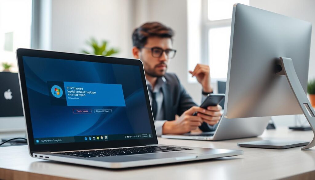 A sleek, modern workspace setting showcasing the installation of IPTV freeware on a Windows computer. In the foreground, a close-up of a laptop screen displaying the installation interface, with a progress bar and colorful icons. The middle layer features a professional individual, dressed in smart casual attire, attentively following the installation steps, with a focused expression. Surrounding them are hints of tech gadgets like a smartphone and headphones, enhancing the tech ambiance. The background reveals a well-organized desk with soft natural light illuminating the scene, creating a welcoming and efficient atmosphere. The overall mood is focused and productive, suggesting a seamless digital experience.
