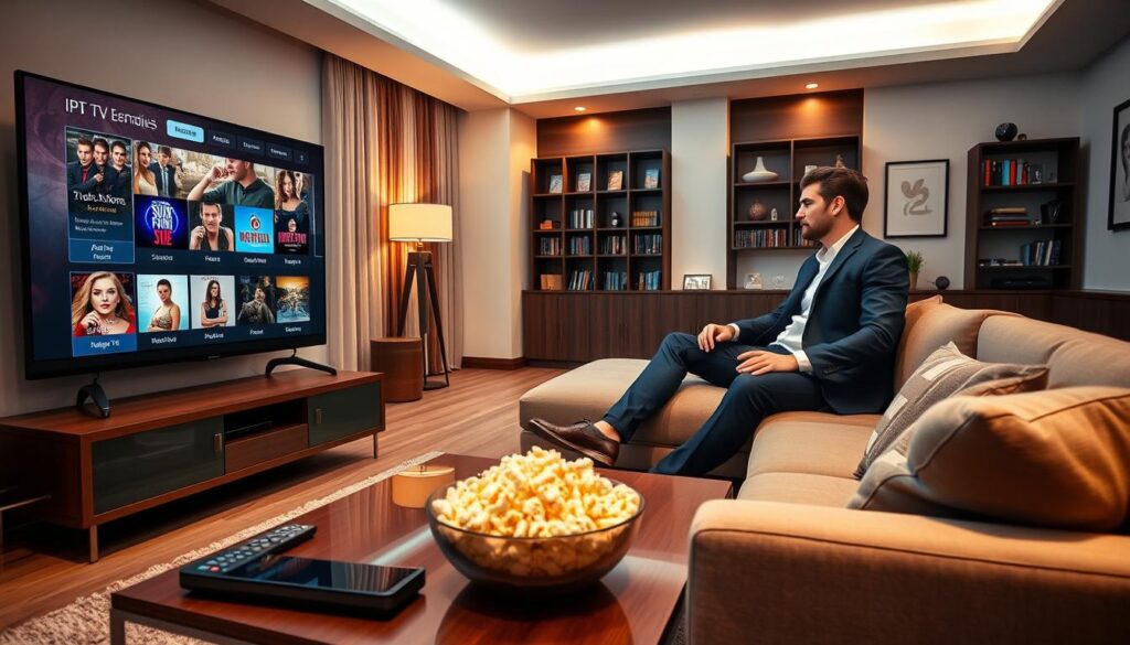 A sophisticated living room setting designed for an upscale entertainment experience, featuring a large flat-screen TV displaying a user-friendly IPTV interface with icons for various adult content channels. In the foreground, a stylish coffee table is adorned with remote controls, a bowl of popcorn, and a sleek tablet. The middle ground showcases a plush sofa set, where two individuals dressed in smart casual attire are engaged in conversation, with a warm ambiance conveyed through soft lighting. The background features modern décor, including bookshelves filled with DVDs and tasteful artwork on the walls, creating an inviting atmosphere. The overall mood is relaxed and sophisticated, emphasizing the enjoyment of streaming services in a cozy home environment.