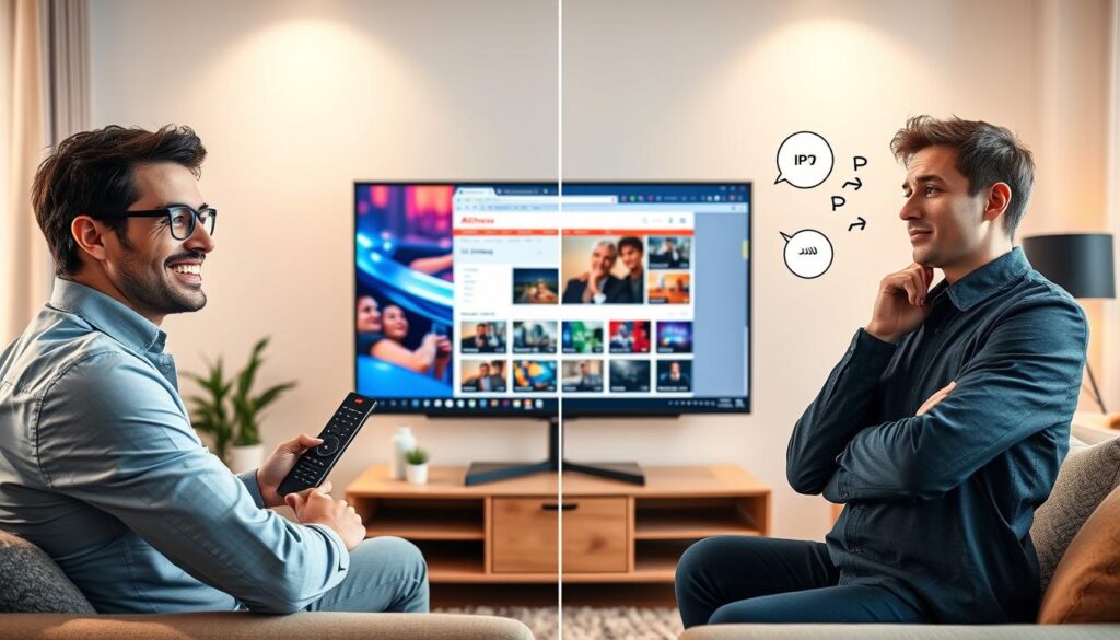 A split-image composition illustrating the pros and cons of IPTV via AliExpress in the Netherlands. In the foreground, a sleek television displaying vibrant streaming content, symbolizing the benefits of IPTV. To the left, a relaxed user in professional casual wear smiling while watching TV, holding a remote. The middle section showcases a computer screen with an AliExpress webpage opened, highlighting IPTV options. The right side features subtle visuals representing common drawbacks, like buffering icons and a confused user, also dressed in modest casual attire. The background portrays a modern living room setup with soft, inviting lighting, creating a cozy atmosphere. The image should have a clean, professional look, demonstrating both enjoyment and caution surrounding IPTV services.