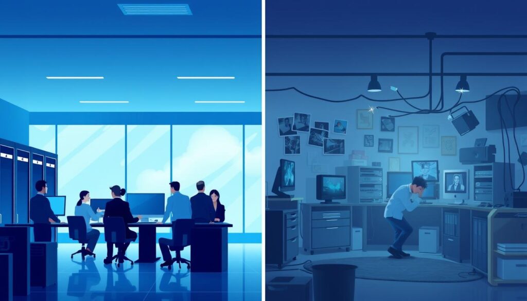 A split-screen illustration depicting managed versus unmanaged server hosting for streaming. On the left, a sleek, modern office space representing managed hosting, with a diverse team of professionals in business attire collaborating around a high-tech server setup, bathed in soft blue lighting to convey a sense of reliability and efficiency. On the right, a disorganized home office for unmanaged hosting, where an individual in casual clothing struggles with outdated equipment and chaotic clutter, highlighted by dim lighting creating a feeling of frustration. In the background, a subtle representation of streaming images and data flow connects both scenes, reinforcing the theme of server performance. The overall atmosphere balances professionalism and struggle, contrasting the benefits of managed services against the challenges of unmanaged hosting.