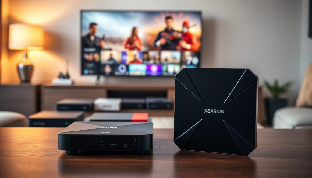 A stylish and modern "Xsarius Sniper Linux series" IPTV box prominently displayed in the foreground, showcasing its sleek design and high-tech features. The middle ground features a neatly arranged display of various other popular IPTV boxes, providing a sense of comparison. The background is a soft-focus living room setting, complete with a TV screen showing vibrant streaming content, and warm ambient lighting creating a cozy atmosphere. The scene is captured from a slightly elevated angle, emphasizing the ergonomic lines of the Xsarius box, while highlighting its connectivity ports. The overall mood is inviting and tech-savvy, perfect for showcasing the latest in IPTV technology.