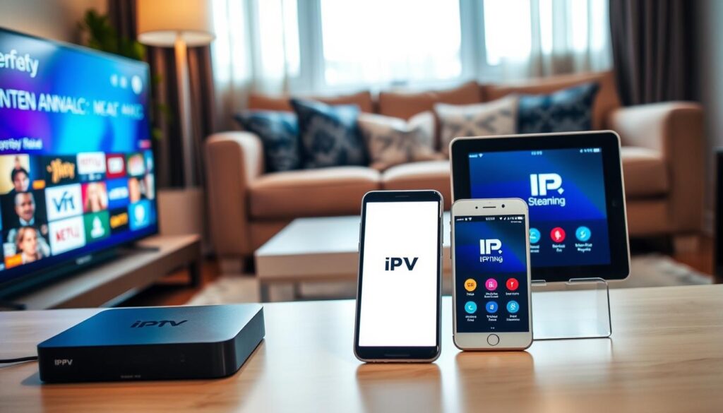 A stylish living room showcasing various compatible devices for IPTV. In the foreground, a sleek television with an IP-enabled interface displays vibrant streaming options. A modern streaming box sits beside it, elegantly designed with remote control. In the middle ground, show a smartphone and tablet side by side, both featuring the IPTV app on their screens, indicating versatility in device compatibility. In the background, a cozy couch adorned with decorative pillows invites viewers to relax, with soft, warm lighting creating an inviting atmosphere. The scene is shot from a slightly elevated angle, emphasizing the blend of technology and comfort, making it perfect for a contemporary home setup.
