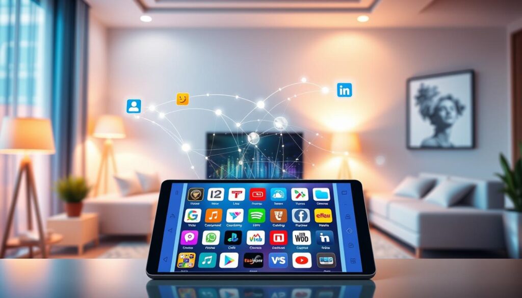 A vibrant and informative illustration showcasing the key features of IPTV freeware apps. In the foreground, display a sleek digital device, like a tablet or smart TV, featuring a diverse array of app icons representing popular IPTV functionalities such as live streaming, video on demand, and channel surfing. The middle layer should include abstract visual elements symbolizing connectivity, such as flowing lines or glowing network nodes to signify streaming technology. The background should have a soft-focus, warm-toned living room scene with modern furniture and soothing ambient lighting that creates a cozy atmosphere. Aim for a clean, professional aesthetic, ensuring the image conveys innovation and accessibility in IPTV technology without any text or branding.