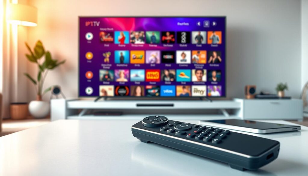 A vibrant digital illustration showcasing a variety of television channels and content options. In the foreground, a sleek remote control sits on a modern coffee table, surrounded by a few digital devices like a smart TV and tablet. The middle layer features a large, high-definition screen displaying a colorful grid of channel icons and genre categories, such as movies, sports, and documentaries. The background subtly hints at a cozy living room atmosphere with warm lighting, soft shadows, and tasteful decor. The mood is inviting and engaging, reflecting a sense of entertainment and choice. The scene should feel modern and technology-driven, devoid of any text or branding, emphasizing the diversity of content available through IPTV services.