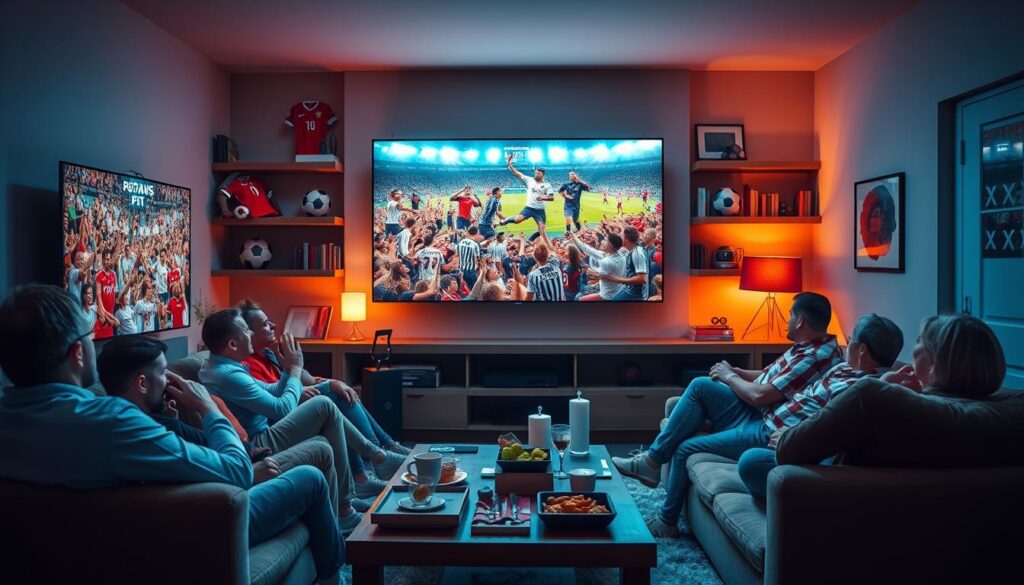 A vibrant living room setting with a stylish flat-screen TV showcasing a lively sports scene, featuring thrilling moments from football matches. In the foreground, a comfortable sofa filled with excited fans in casual clothing, cheering for their favorite teams. The middle section captures various sports memorabilia adorning shelves, like jerseys and footballs, alongside a coffee table with snacks and drinks. In the background, bright lighting illuminates the space, creating a warm and inviting atmosphere. Use a wide-angle lens to capture the entire scene, emphasizing the excitement and engagement of sports fans in the heart of their home. The mood should be energetic and immersive, reflecting the joy of watching sports through n1 IPTV in the Netherlands. A vibrant living room setting with a stylish flat-screen TV showcasing a lively sports scene, featuring thrilling moments from football matches. In the foreground, a comfortable sofa filled with excited fans in casual clothing, cheering for their favorite teams. The middle section captures various sports memorabilia adorning shelves, like jerseys and footballs, alongside a coffee table with snacks and drinks. In the background, bright lighting illuminates the space, creating a warm and inviting atmosphere. Use a wide-angle lens to capture the entire scene, emphasizing the excitement and engagement of sports fans in the heart of their home. The mood should be energetic and immersive, reflecting the joy of watching sports through n1 IPTV in the Netherlands.