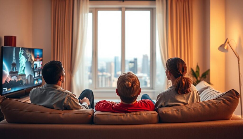 A vibrant scene depicting the convenience of IPTV watching around the globe. In the foreground, a diverse group of three individuals—two men and one woman—are comfortably seated on a modern sofa in a cozy living room setting. They are dressed in casual, modest clothing, deeply engaged in viewing a high-definition television displaying various international channels. The middle ground features blurred outlines of different global landmarks, subtly lit to suggest a connection to locations like the Eiffel Tower, the Statue of Liberty, and a Tokyo skyscraper. In the background, a window showcases a bright, sunny day or a night scene with city lights to enhance the atmosphere of global accessibility. Soft, warm lighting envelops the room, creating a relaxed and inviting mood that illustrates the joy of watching IPTV anywhere, anytime.