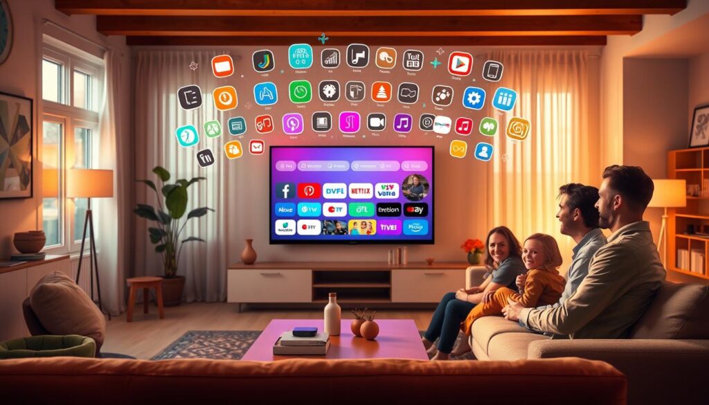 A visually appealing illustration depicting the advantages of an IPTV subscription for Dutch television. In the foreground, showcase a modern living room with a comfortable sofa and a sleek coffee table, where a happy family is gathered, enjoying a colorful streaming interface on a large flat-screen TV. The middle ground features an array of vibrant icons representing diverse features: various channels, on-demand content, and user-friendly interfaces, floating above the TV. In the background, a cozy, well-lit environment is accentuated by warm, inviting lights. Use soft natural lighting to enhance a cheerful atmosphere, with a focus on the family's expressions of joy and satisfaction. Ensure all characters are dressed in smart casual attire and maintain a balanced composition to convey the theme of enjoyment and connectivity.