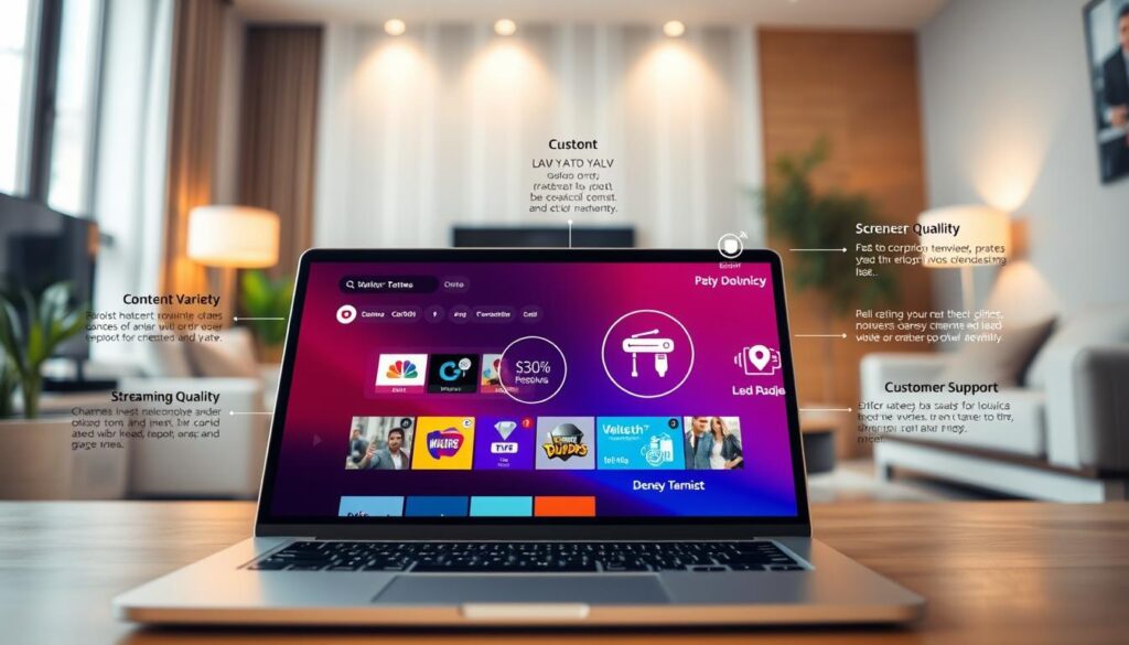 A visually appealing infographic illustrating the key criteria for selecting the best IPTV provider. In the foreground, showcase a modern laptop displaying a vibrant IPTV interface with various channel options. In the middle, include icons or visual elements representing crucial factors such as content variety, streaming quality, pricing, and customer support. The background should feature a sleek and cozy living room environment with soft lighting, creating an inviting atmosphere. Use a warm color palette to convey a sense of reliability and comfort. The perspective should be at eye level, capturing an engaging view that feels informative and approachable, suitable for tech-savvy readers exploring IPTV options.