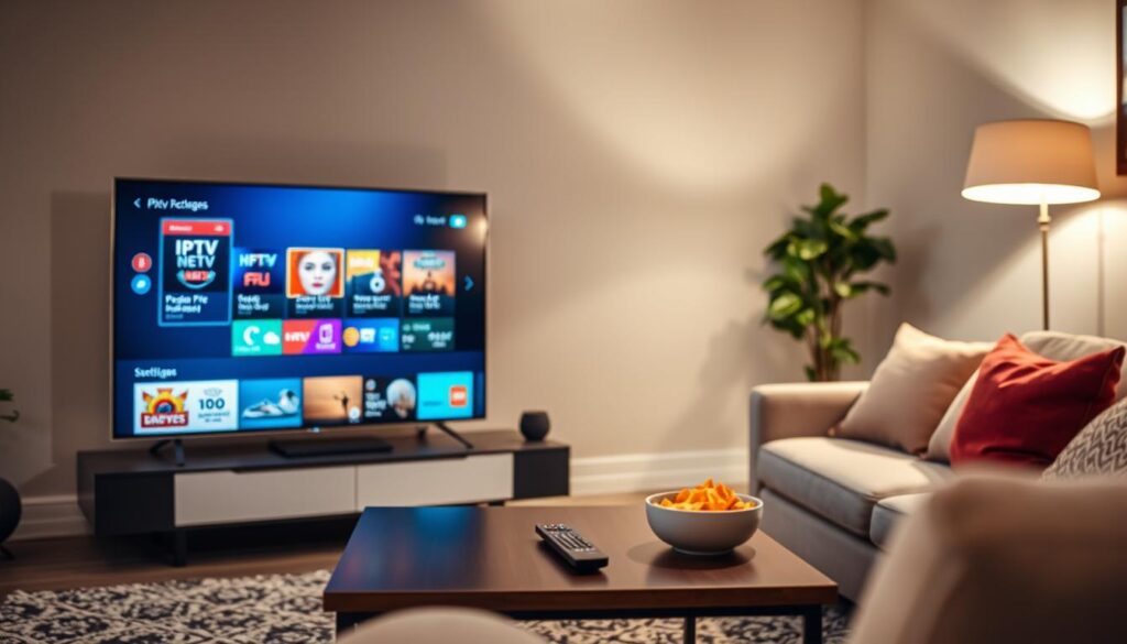 A visually appealing representation of IPTV packages in the Netherlands, centered around a modern living room set up for watching TV. In the foreground, a sleek, contemporary flat-screen TV displays a colorful menu showcasing various IPTV package options with vivid graphics. In the middle ground, a stylish coffee table holds a remote control and snacks, while a comfortable sofa invites viewers to relax. The background features a cozy, well-decorated living room with soft lighting from a floor lamp, creating a warm and inviting atmosphere. The lens focuses on the TV, enhancing details of the IPTV packages while subtly blurring the background. This composition aims to evoke a sense of comfort and enjoyment during TV viewing, highlighting the connection to IPTV services in the Netherlands.