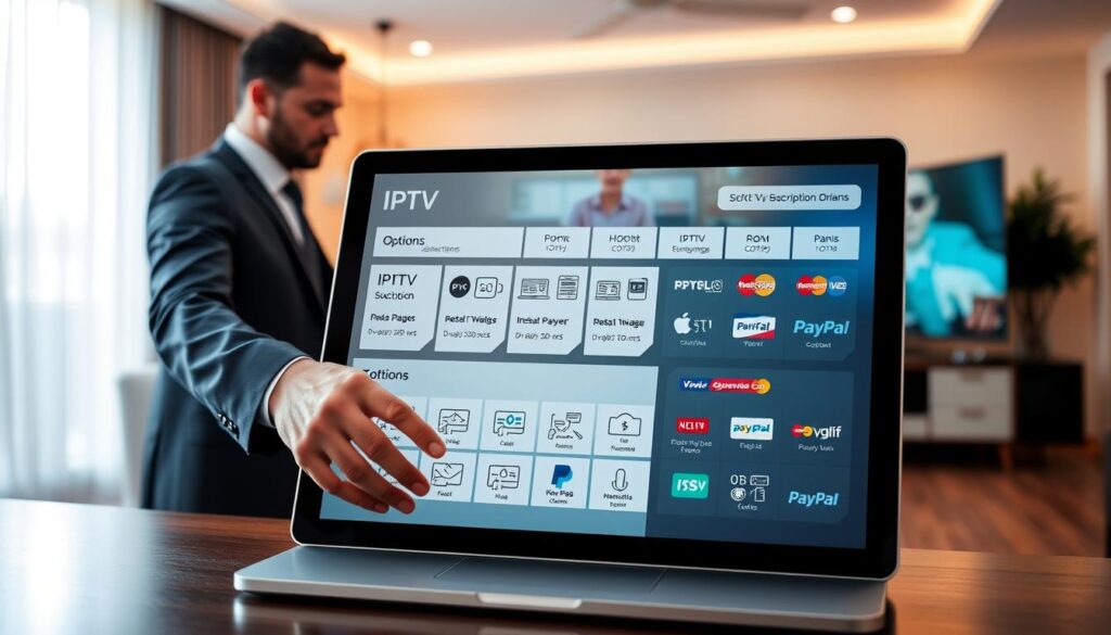 A visually appealing representation of IPTV subscription options and payment methods, featuring a sleek, modern digital interface displayed on a tablet or laptop. In the foreground, a user is interacting with the screen, dressed in professional business attire, showcasing a diverse range of subscription plans illustrated with icons and symbols of various payment methods like credit cards, PayPal, and other digital wallets. The middle ground emphasizes a stylish and inviting living room setup, furnished with contemporary decor, enhancing the tech-savvy atmosphere. In the background, soft ambient lighting creates a warm atmosphere, hinting at a cozy viewing experience. The overall mood is engaging and professional, reflecting the accessibility and convenience of IPTV services in the Netherlands.