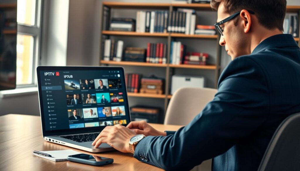 A visually appealing workspace featuring a laptop displaying an IPTV application interface with an m3u8 playlist. In the foreground, a focused individual, dressed in professional business attire, analyzes different IPTV options on the screen. The middle ground includes a well-organized desk with a notepad and a smartphone, styled with soft lighting to create a productive yet relaxed atmosphere. The background shows shelves filled with books on media technology, reinforcing the theme of research and selection. Natural light streams through a nearby window, casting a warm glow. The overall mood is one of determination and clarity, capturing the essence of finding and choosing the best IPTV playlist tailored to personal needs.