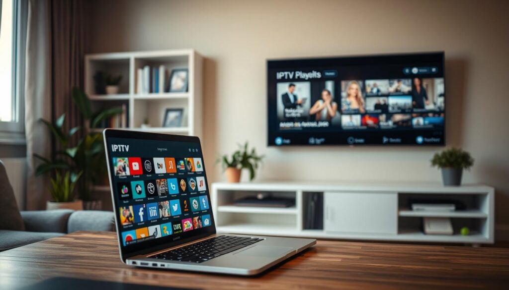 A visually appealing workspace scene showcasing a cozy and modern living room with a sleek media center. In the foreground, a laptop displaying a colorful IPTV playlist interface filled with various channel icons. The middle layer features a stylish bookshelf with IPTV-related books and a small potted plant for a touch of greenery. In the background, a large flat-screen TV is mounted on the wall, glowing softly with images of popular Dutch programs. Soft, warm lighting illuminates the space, creating an inviting atmosphere. A lens focusing on the laptop creates a slight depth of field, giving the image a professional look. The overall mood is relaxed and tech-savvy, perfect for illustrating trustworthy IPTV playlist sources.