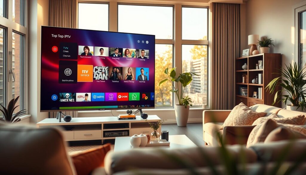 A visually engaging and informative digital illustration depicting the concept of the top recommended IPTV services in the Netherlands. In the foreground, feature a sleek, modern TV displaying a vibrant user interface of an IPTV service, showcasing various channel icons and vibrant thumbnails. In the middle ground, include a cozy living room setting with a comfortable sofa, decorative elements like plants and bookshelves, conveying a welcoming atmosphere. The background should have large windows letting in warm, natural light, hinting at a sunny day outside. The mood is inviting and tech-savvy, emphasizing the convenience and enjoyment of IPTV services. Use a professional photography style with soft focus to highlight the television and front objects, while maintaining clarity in the background.