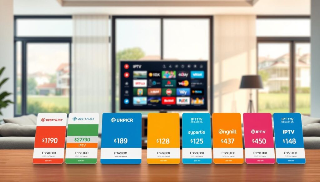 A visually engaging and informative illustration depicting various IPTV subscription packages and their prices. In the foreground, neatly arranged subscription icons and cards showcasing diverse price points, each featuring distinct color schemes and logos to represent different IPTV services. The middle ground highlights a sleek, modern living room with a stylish TV displaying a digital interface showcasing IPTV options. In the background, a window reveals a tranquil suburban scene with soft daylight streaming in, creating a warm and inviting atmosphere. The overall mood is professional yet approachable, suggesting clarity and simplicity in choosing the right IPTV subscription for various viewing habits. Use natural lighting to enhance the inviting feel, with a soft focus on the outer elements.