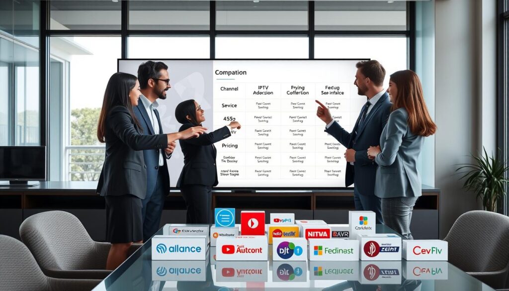 A visually engaging comparison scene highlighting the differences between various IPTV providers, set in a modern, sleek office environment. In the foreground, a diverse group of three professionals, dressed in smart business attire, are engaged in an animated discussion while pointing at a large, high-resolution screen displaying IPTV service comparisons, with icons for features like channel selection, pricing, and user interface. The middle ground features an array of colorful IPTV logos arranged on a stylish table, emphasizing their unique selling points. In the background, large windows let in soft, natural lighting, creating a bright and inviting atmosphere. The overall mood is informative and collaborative, aimed at showcasing the distinct characteristics of each provider without clutter or distractions.