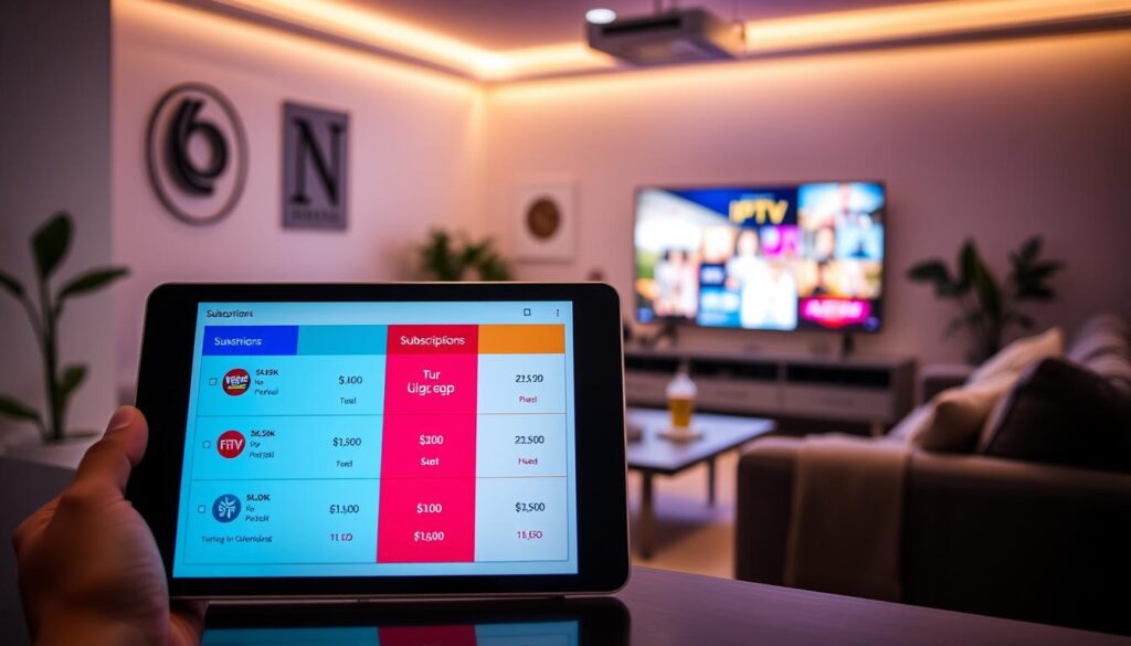 A visually engaging composition illustrating subscription options and prices for IPTV services. In the foreground, a sleek tablet displays a clear digital interface showing different subscription tiers with vibrant icons. The middle layer features a modern, stylish living room with a comfortable sofa and a coffee table, adorned with modern decor elements. In the background, there’s a flat-screen TV showcasing colorful streaming content, enhancing the high-tech atmosphere. The lighting is warm and inviting, emphasizing a sense of home comfort, with a soft focus on the TV screen. The photograph is captured with a shallow depth of field, creating an intimate and engaging view. The overall mood reflects convenience and modern entertainment for viewers in the Netherlands.