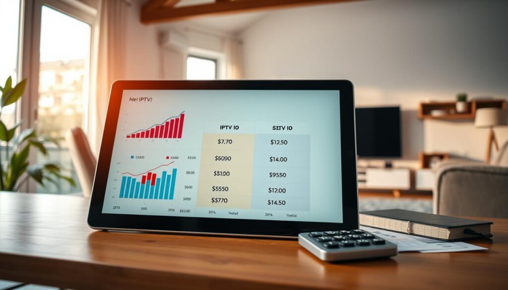 A visually engaging composition showcasing a comparison of IPTV subscription prices. In the foreground, a sleek digital tablet displays side-by-side charts and numbers representing different IPTV packages. The middle ground features a dynamically styled workspace with a comfortable chair and a desk adorned with financial reports and a calculator, alluding to decision-making. The background includes a modern living room with a large television, emphasizing home entertainment. Soft, natural lighting filters through a large window, creating a warm and inviting atmosphere. The overall mood is analytical yet relaxed, ideal for readers navigating their IPTV subscription options within their budget.
