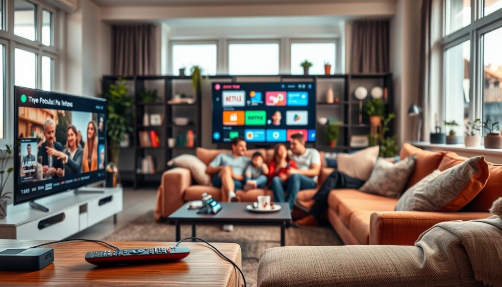 A visually engaging composition showcasing a vibrant Dutch living room setting designed for IPTV viewing. In the foreground, a stylish smart TV displaying popular IPTV interfaces, with a sleek remote control beside it. Scattered around are various devices like tablets and smartphones, reflecting advanced technology and connectivity. The middle ground features a comfortable sofa with a family enjoying a shared viewing experience, dressed in casual yet presentable clothing, conveying a relaxed atmosphere. In the background, large windows allow natural light to flood in, illuminating modern decor elements such as bookshelves and plants, creating a welcoming ambiance. The mood is warm and inviting, emphasizing the joy of shared entertainment through IPTV services. The lighting is soft and natural, with a focus on the vibrant colors of the IPTV screens. A visually engaging composition showcasing a vibrant Dutch living room setting designed for IPTV viewing. In the foreground, a stylish smart TV displaying popular IPTV interfaces, with a sleek remote control beside it. Scattered around are various devices like tablets and smartphones, reflecting advanced technology and connectivity. The middle ground features a comfortable sofa with a family enjoying a shared viewing experience, dressed in casual yet presentable clothing, conveying a relaxed atmosphere. In the background, large windows allow natural light to flood in, illuminating modern decor elements such as bookshelves and plants, creating a welcoming ambiance. The mood is warm and inviting, emphasizing the joy of shared entertainment through IPTV services. The lighting is soft and natural, with a focus on the vibrant colors of the IPTV screens.