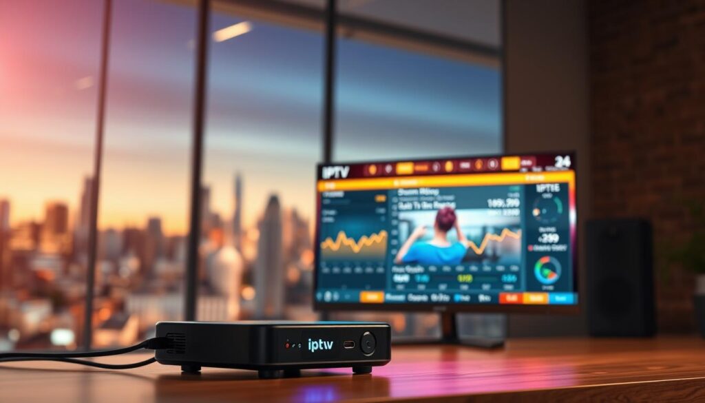 A visually engaging digital representation of IPTV technology, focusing on the technical quality and stability of streams. In the foreground, display a sleek IPTV box connected to a TV, with vibrant video playback showcasing crisp images and vivid colors. In the middle ground, a computer monitor displays graphs and analytics representing streaming quality metrics, such as bitrate and latency, with a smooth user interface. The background features an abstract, blurred cityscape to symbolize connectivity and modern technology. Soft, warm lighting casts a professional atmosphere, with a slight lens flare effect to enhance the high-tech vibe. The overall mood conveys innovation and reliability, emphasizing the advanced aspects of IPTV streaming.