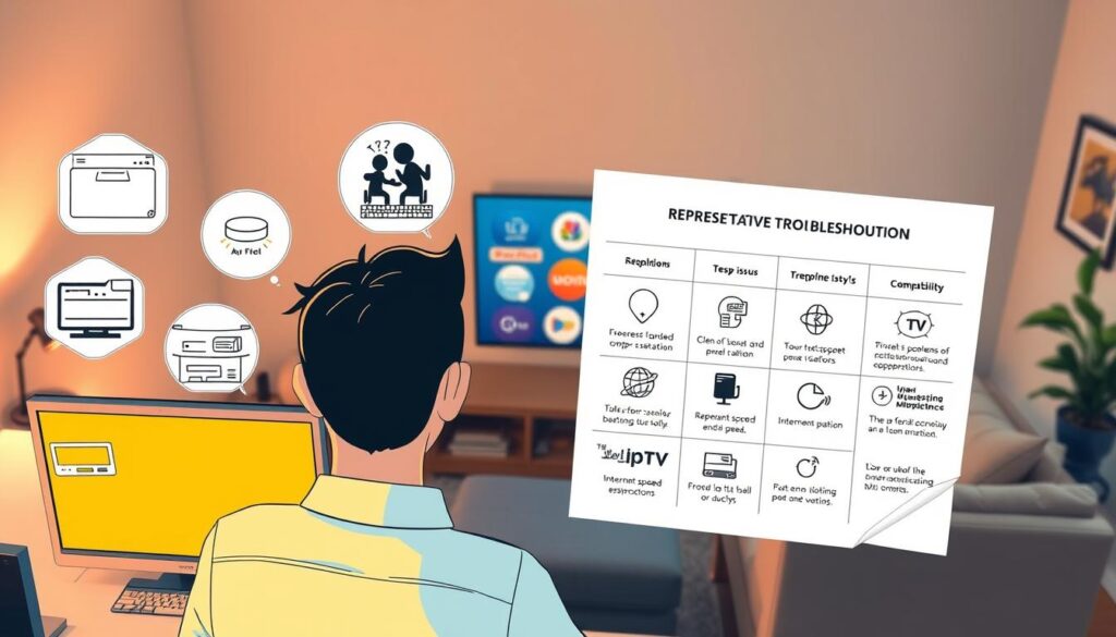 A visually engaging illustration depicting common IPTV issues and their solutions. In the foreground, a frustrated individual at a computer with a buffering screen, surrounded by symbols of technical problems like pixelation and frozen images. In the middle, a representative technical troubleshooting guide displayed on paper, showing steps to resolve issues, with clear icons for internet speed and device compatibility. The background features a modern living room with a high-resolution TV displaying various IPTV logos, softly illuminated by warm ambient lighting. The overall atmosphere should convey a professional, yet approachable setting, emphasizing problem-solving and technology. Use a high angle to capture the scene effectively, ensuring clarity and focus on the solutions presented.