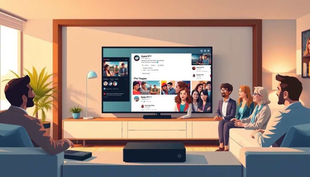 A visually engaging illustration showcasing the key features of quality IPTV providers as discussed by Reddit users. In the foreground, a sleek modern living room is depicted, featuring a large flat-screen TV displaying IPTV-related visuals. Surrounding it are various devices like a smart box and remote control, hinting at technology convenience. The middle ground shows grouped user avatars—diverse individuals of various ethnicities, dressed in professional business attire or modest casual clothing—engaged in animated discussion, with expressions reflecting enthusiasm and insight. In the background, a digital forum layout is subtly integrated, representing the Reddit platform. Bright, warm lighting creates an inviting atmosphere, while a slight blur effect on the background adds depth, focusing attention on the foreground elements. Overall, the mood captures a sense of community and shared knowledge. A visually engaging illustration showcasing the key features of quality IPTV providers as discussed by Reddit users. In the foreground, a sleek modern living room is depicted, featuring a large flat-screen TV displaying IPTV-related visuals. Surrounding it are various devices like a smart box and remote control, hinting at technology convenience. The middle ground shows grouped user avatars—diverse individuals of various ethnicities, dressed in professional business attire or modest casual clothing—engaged in animated discussion, with expressions reflecting enthusiasm and insight. In the background, a digital forum layout is subtly integrated, representing the Reddit platform. Bright, warm lighting creates an inviting atmosphere, while a slight blur effect on the background adds depth, focusing attention on the foreground elements. Overall, the mood captures a sense of community and shared knowledge.
