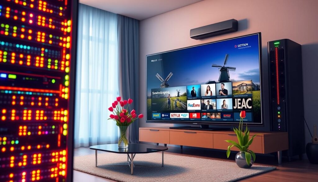 A visually engaging illustration showing the advantages of dedicated servers for IPTV streaming in the Netherlands. In the foreground, depict a sleek, high-tech dedicated server rack filled with vibrant lights and indicators. In the middle, incorporate a realistic representation of a streaming interface on a modern flat-screen TV, showcasing popular Dutch content being streamed smoothly. In the background, illustrate a cozy living room setting with a subtle nod to Dutch culture, such as tulips in a vase or a windmill window view. Soft, warm lighting creates an inviting atmosphere, emphasizing reliability and speed. The angle should be slightly tilted to suggest an immersive experience for viewers.