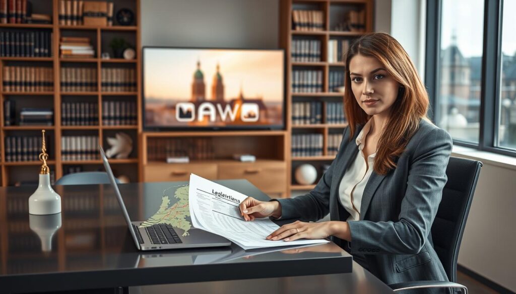 A visually engaging image depicting the legal status of IPTV in the Netherlands. In the foreground, a confident woman in professional attire is seated at a sleek desk, studying legal documents pertaining to IPTV regulations. In the middle ground, a laptop displays a map of the Netherlands with highlighted cities, symbolizing connectivity and legality. The background features a modern office with bookshelves filled with law books and a window showing a skyline of Dutch architecture, bathed in soft, natural light. The scene conveys a serious yet approachable atmosphere, suggesting diligence and clarity in understanding IPTV subscriptions in the Netherlands. Emphasize a balanced composition with careful attention to detail, ensuring the viewer feels the importance of legal considerations in technology.