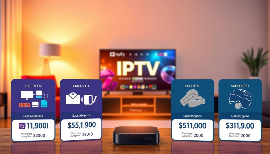A visually engaging infographic-style image depicting various IPTV subscription packages and their prices. In the foreground, illustrate three distinct subscription cards, each featuring icons representing live TV, movies, and sports. The middle ground should show a stylized digital device, like a smart TV or streaming box, with a glowing display showcasing the IPTV interface. In the background, include a subtle gradient of colors representing a digital environment, suggesting connectivity and modern technology. Use warm, inviting lighting to create a friendly and accessible atmosphere, simulating a cozy living room setting. Aim for a balanced composition that highlights the subscriptions' features and pricing, conveying clarity and professionalism. A visually engaging infographic-style image depicting various IPTV subscription packages and their prices. In the foreground, illustrate three distinct subscription cards, each featuring icons representing live TV, movies, and sports. The middle ground should show a stylized digital device, like a smart TV or streaming box, with a glowing display showcasing the IPTV interface. In the background, include a subtle gradient of colors representing a digital environment, suggesting connectivity and modern technology. Use warm, inviting lighting to create a friendly and accessible atmosphere, simulating a cozy living room setting. Aim for a balanced composition that highlights the subscriptions' features and pricing, conveying clarity and professionalism.