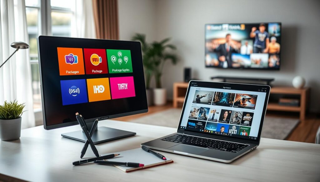 A visually engaging representation of the concept of available IPTV subscriptions and packages in the Netherlands. In the foreground, display an elegant, modern digital screen showcasing a selection of IPTV package icons with vibrant colors and interactive design elements, symbolizing various subscription options. In the middle ground, include a well-organized desk with a laptop open to a website featuring IPTV deals, pens, and a notebook, indicating research and decision-making. In the background, subtly feature a home environment with a cozy couch, a TV broadcasting a variety of content genres, creating a warm and inviting atmosphere. The lighting should be soft and bright, suggesting a friendly and informative ambiance. Aim for a balanced composition that visually conveys simplicity and clarity in choice without any text elements.