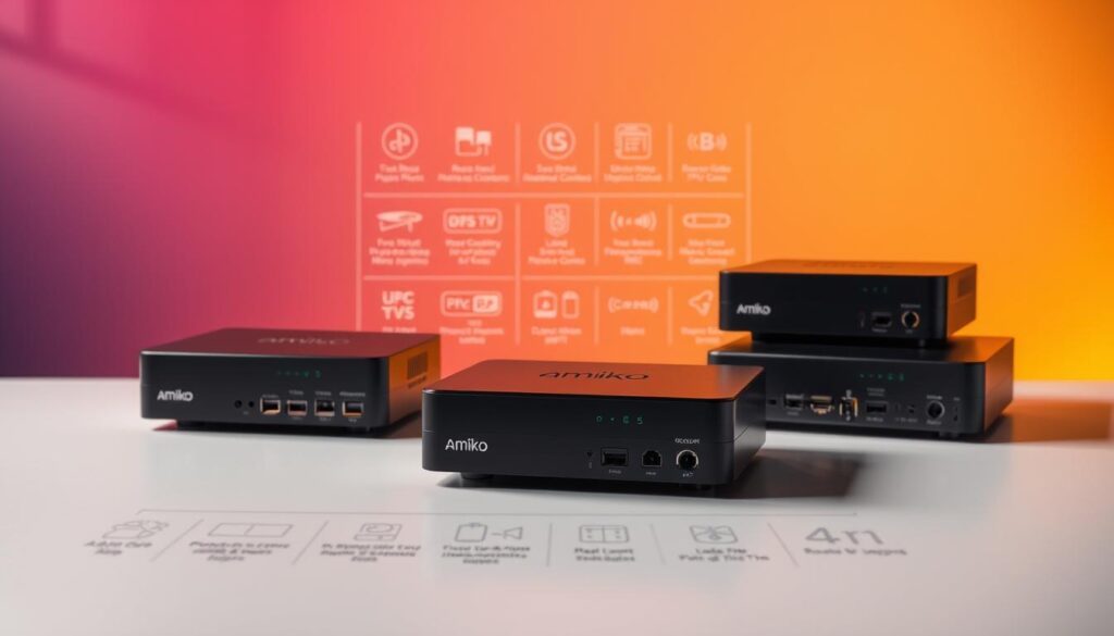 A visually striking composition featuring a variety of Amiko IPTV boxes prominently displayed in the foreground, each model showcasing unique features like sleek design, ports, and subtle LED indicators. The middle ground includes a well-organized layout of technical specifications, illustrating their compatibility and capabilities, with soft lighting highlighting the sleek surfaces. In the background, a gradient of warm colors creates an inviting atmosphere, suggesting modern technology and innovation. The scene is captured from a slightly elevated angle, offering a comprehensive view of the models. The overall mood should be professional and informative, inviting readers to engage with the technology while emphasizing clarity and sophistication.
