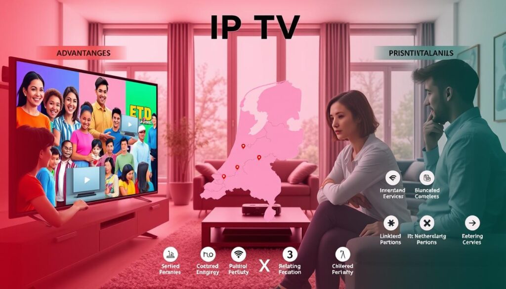 A visually striking infographic illustrating the pros and cons of IPTV services in the Netherlands. In the foreground, depict two contrasting panels: on the left, a vibrant scene showcasing the advantages of IPTV, featuring diverse people watching television on modern devices, vibrant colors, and smiling faces. On the right, a more subdued palette illustrating the disadvantages, with concerned individuals facing technical issues, like buffering errors or limited programming options. In the middle ground, a simplified map of the Netherlands with icons representing IPTV providers. The background should feature a stylish home environment with contemporary furniture and large windows letting in natural light. The atmosphere is informative yet approachable, designed to engage the reader while clearly delineating the positive and negative aspects of IPTV in the country. A visually striking infographic illustrating the pros and cons of IPTV services in the Netherlands. In the foreground, depict two contrasting panels: on the left, a vibrant scene showcasing the advantages of IPTV, featuring diverse people watching television on modern devices, vibrant colors, and smiling faces. On the right, a more subdued palette illustrating the disadvantages, with concerned individuals facing technical issues, like buffering errors or limited programming options. In the middle ground, a simplified map of the Netherlands with icons representing IPTV providers. The background should feature a stylish home environment with contemporary furniture and large windows letting in natural light. The atmosphere is informative yet approachable, designed to engage the reader while clearly delineating the positive and negative aspects of IPTV in the country.