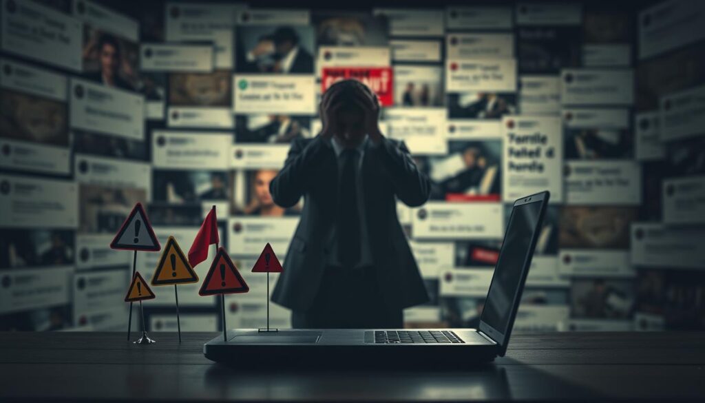 A visually striking scene illustrating the concept of scams and pitfalls on Reddit. In the foreground, a large, open laptop displays a series of ominous warning signs and red flags popping up around it, indicating danger. The middle ground features a shadowy figure of a person in professional clothing, looking frustrated while holding their head in their hands, symbolizing the victims of these scams. The background showcases a dimly lit room filled with blurred images of various Reddit threads, creating a sense of depth and intrigue. Soft, moody lighting casts shadows, enhancing the atmosphere of caution and unease. The overall tone conveys a warning against online dangers, specifically within the context of Reddit.