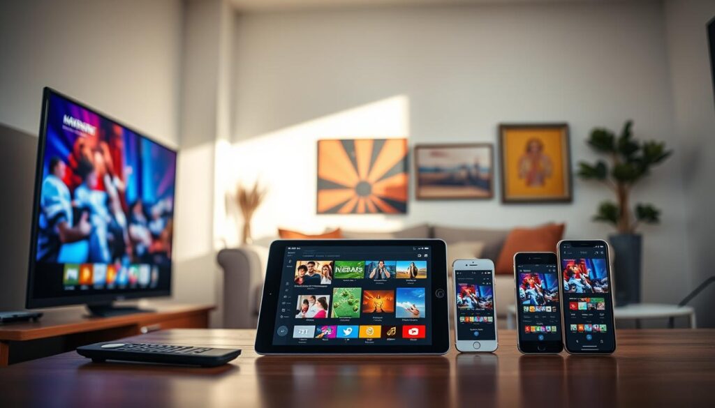 A well-lit, modern living room setting featuring various devices displaying IPTV content. In the foreground, a sleek television screen showcasing vibrant 4K resolution images, with a remote control beside it. In the middle, a tablet with a streaming app open, surrounded by a couple of smartphones also displaying IPTV interfaces, emphasizing ease of access across devices. The background includes a cozy couch and colorful wall art, creating a welcoming atmosphere. Soft, natural lighting streaming through a window, highlighting the devices’ brilliance. The overall mood is tech-savvy and inviting, ideal for showcasing the installation of IPTV on multiple platforms.