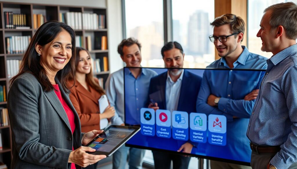 A well-lit, modern office environment featuring a diverse group of professionals discussing important factors in choosing an IPTV subscription. In the foreground, a cheerful middle-aged woman in business attire is pointing at a tablet displaying an IPTV interface, while a younger man in smart casual clothing leans in, listening attentively. In the middle ground, a large screen showcases icons representing various IPTV features like cost, channel variety, and streaming quality. The background features shelves filled with technology books and a window revealing a vibrant cityscape. The atmosphere is collaborative and focused, emphasizing informed decision-making. Use natural light to create a welcoming ambiance. Shoot from a slightly elevated angle to capture the depth of the conversation.