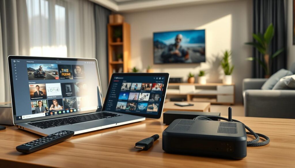 A well-organized home workspace dedicated to IPTV services. In the foreground, a sleek modern desk with a high-end laptop displaying IPTV software, a tablet showing multiple streaming apps, and a smart remote control. The middle ground features a collection of essential IPTV equipment like a high-definition set-top box and an HDMI cable neatly arranged. In the background, a cozy living room setup featuring a large smart TV mounted on the wall, with a few decorative plants to add warmth. Soft, ambient lighting creates a welcoming atmosphere, with sunlight gently illuminating the space from a window. The scene conveys a mood of technology-oriented comfort and modern convenience, perfect for enjoying IPTV content.