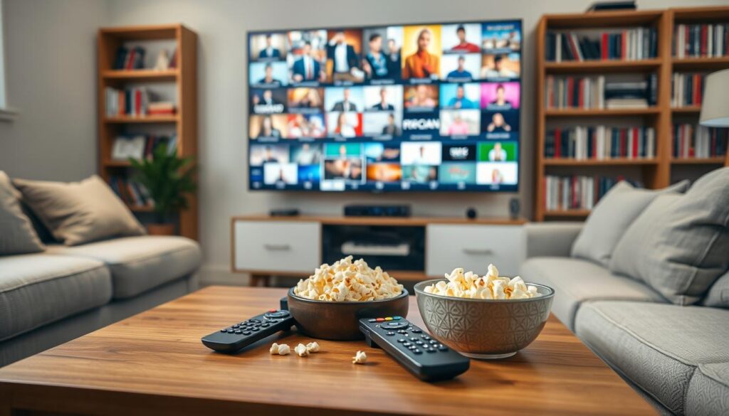 A well-organized living room setting with a comfortable couch and a large flat-screen television displaying vibrant streaming content, symbolizing a diverse IPTV service. In the foreground, a sleek remote control sits on a wooden coffee table alongside a bowl of popcorn, suggesting a cozy viewing experience. The middle ground features a digital device, like a set-top box, connected to the TV. The background showcases shelves filled with DVDs and books, adding a personal touch. Soft ambient lighting creates a warm atmosphere, enhancing the sense of relaxation. Use a slightly tilted angle to give a dynamic perspective, focusing on the technology and comforts of home entertainment, conveying quality and variety. The scene should feel inviting, emphasizing leisure and enjoyment in IPTV viewing.