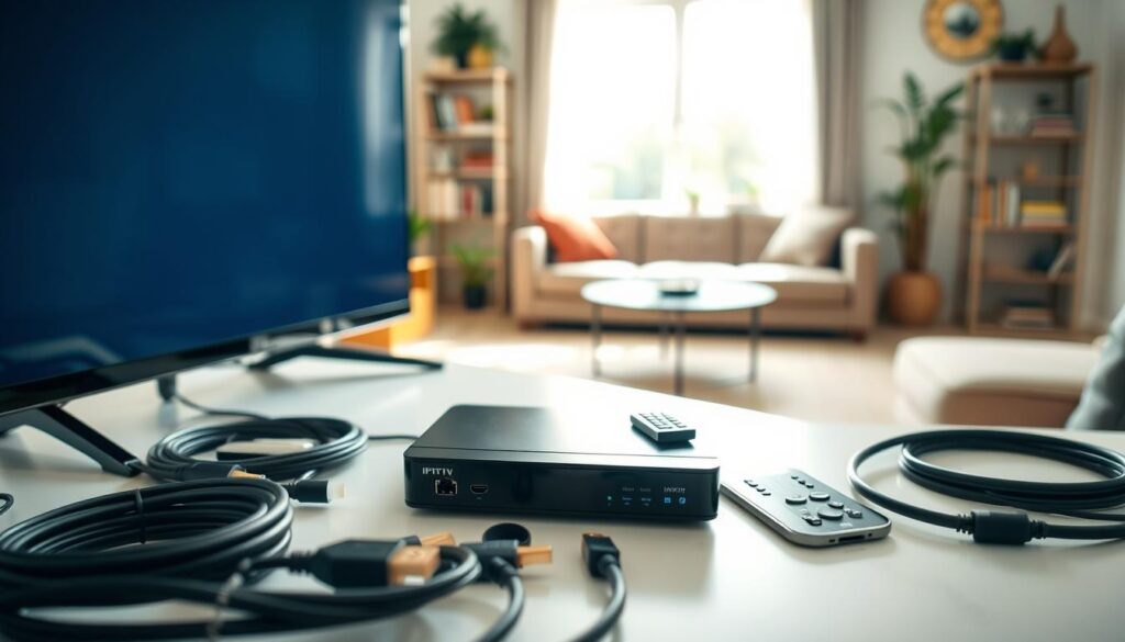 A well-organized workspace showcasing an IPTV installation setup for a television. In the foreground, display a neatly arranged assortment of required items: a smart TV, an IPTV box, HDMI cables, Ethernet cables, and a remote control, all placed on a clean desk. The middle ground features a cozy living room setting with a sofa and bookshelf, subtly suggesting a home environment. In the background, a bright window allows natural light to illuminate the scene, enhancing the warm atmosphere. Use a lens that offers a balanced depth of field, ensuring clarity of the components while keeping the background slightly blurred. Overall, the image conveys a sense of preparedness and technical readiness for setting up IPTV, with a cheerful and inviting mood.