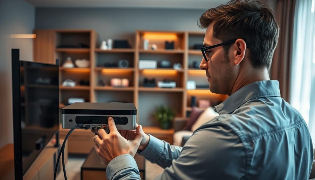 Amiko IPTV box installation scene showcasing ease of use and functionality. In the foreground, a well-groomed individual in business casual attire confidently interacts with the sleek black and silver Amiko IPTV box, connecting cables and adjusting settings on a modern television. In the middle ground, a stylish living room is illuminated by soft, warm lighting, with a cozy sofa and contemporary décor enhancing comfort. The background features shelves filled with tech gadgets and a window allowing natural light to filter in, creating an inviting atmosphere. Use a 35mm lens to capture the intimate workspace perspective, emphasizing clarity and detail. The mood should be informative yet relaxed, reflecting a positive user experience with the Amiko IPTV box and its apps.