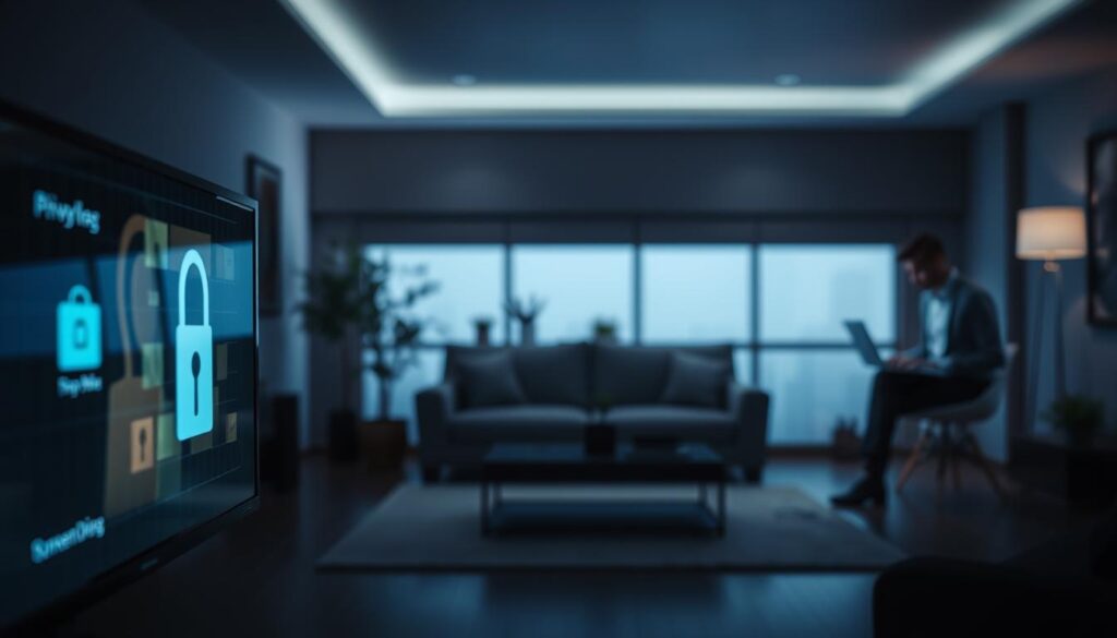 An abstract depiction of privacy and safety in IPTV adult services in the Netherlands. In the foreground, a secure digital screen displays a streaming service interface, glowing softly in a darkened room. The middle layer features a modern, stylish living room with a comfortable couch, a sleek coffee table, and a few plants, exuding a cozy atmosphere. In the background, a blurred silhouette of a person in professional business attire is engaged with a laptop, symbolizing cautious viewing. Soft ambient lighting illuminates the scene, creating a sense of tranquility and security. The overall mood is calm and secure, emphasizing the themes of privacy and safety in digital streaming.