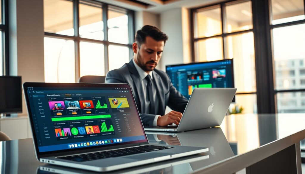An engaged professional in a modern office environment, sitting at a sleek desk with dual monitors displaying vibrant graphics of IPTV playlist data. In the foreground, a close-up of a laptop showcasing an optimized IPTV playlist interface with colorful icons and charts, symbolizing stability and performance. The middle layer includes the professional, a person in professional business attire, focused on the monitors, adjusting settings, with a look of concentration. In the background, large windows allow warm natural light to fill the room, casting soft shadows, enhancing the modern and efficient atmosphere. The overall mood is one of determination and clarity, emphasizing the importance of playlist optimization for a stable IPTV experience, with high attention to detail in the technology depicted.