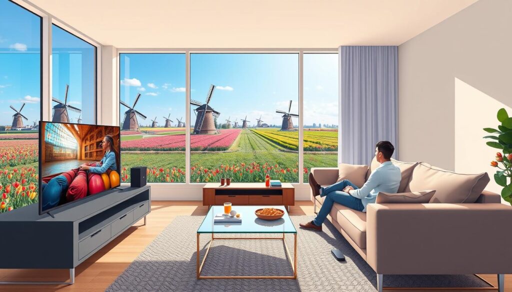 An illustration of a modern living room in the Netherlands, featuring a person comfortably seated on a stylish sofa, watching TV with a sleek IPTV device prominently displayed. In the foreground, the person, dressed in smart casual attire, is engaged with the screen, where vibrant colors and dynamic visuals represent popular streaming content. The middle ground includes a coffee table with snacks and a remote control. In the background, large windows reveal a picturesque Dutch landscape with windmills and tulip fields under a clear blue sky, bathing the room in natural light. The overall atmosphere is cozy and inviting, reflecting a modern lifestyle centered around reliable streaming entertainment. An illustration of a modern living room in the Netherlands, featuring a person comfortably seated on a stylish sofa, watching TV with a sleek IPTV device prominently displayed. In the foreground, the person, dressed in smart casual attire, is engaged with the screen, where vibrant colors and dynamic visuals represent popular streaming content. The middle ground includes a coffee table with snacks and a remote control. In the background, large windows reveal a picturesque Dutch landscape with windmills and tulip fields under a clear blue sky, bathing the room in natural light. The overall atmosphere is cozy and inviting, reflecting a modern lifestyle centered around reliable streaming entertainment.