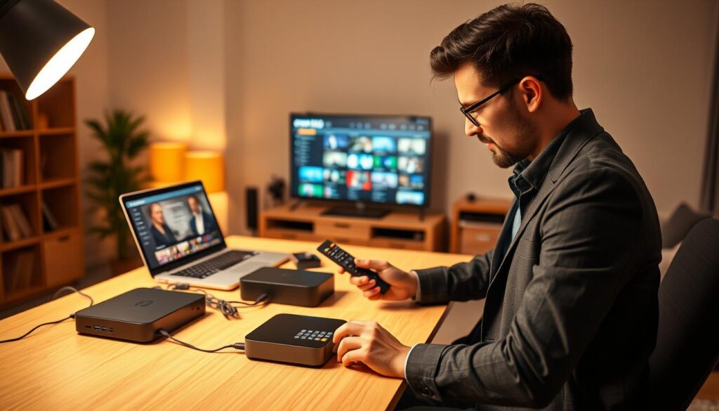 An individual sitting at a well-organized home office desk, setting up an IPTV box and remote control. The foreground features the person, dressed in smart casual attire, focused on connecting wires and configuring settings. The middle layer includes a sleek modern IPTV box, cables neatly arranged, and a laptop displaying IPTV interface. In the background, a large flat-screen TV shows channel options, and a cozy living room ambiance with soft lighting. Bright yet cozy, the scene conveys a sense of ease and accomplishment, suggesting a seamless installation process. The lighting is warm, accentuating the inviting space, captured from an angle that includes both the desk and the TV, giving a comprehensive view of the installation task.