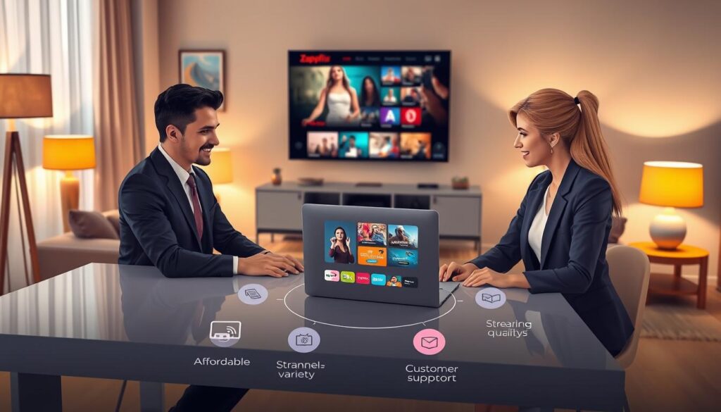 An informative and visually engaging illustration focused on selecting an IPTV service, like Zappflix IPTV. In the foreground, a well-dressed professional man and woman discuss options at a sleek modern table with a laptop open, showing a vibrant interface of a streaming service. The middle ground features visually distinct key indicators like affordability, channel variety, streaming quality, and customer support, illustrated as icons or infographics around the laptop. The background contains a cozy living room ambiance with a large TV displaying streaming content, warm lighting emanating from lamps, and a stylish decor that conveys comfort and technology together. The mood is analytical yet engaging, encouraging viewers to consider their IPTV choices thoughtfully.